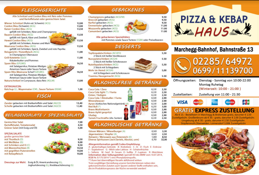 Alte Speisekarte Pizza & Kebap Haus Marchegg Seite 1, Stand 2023