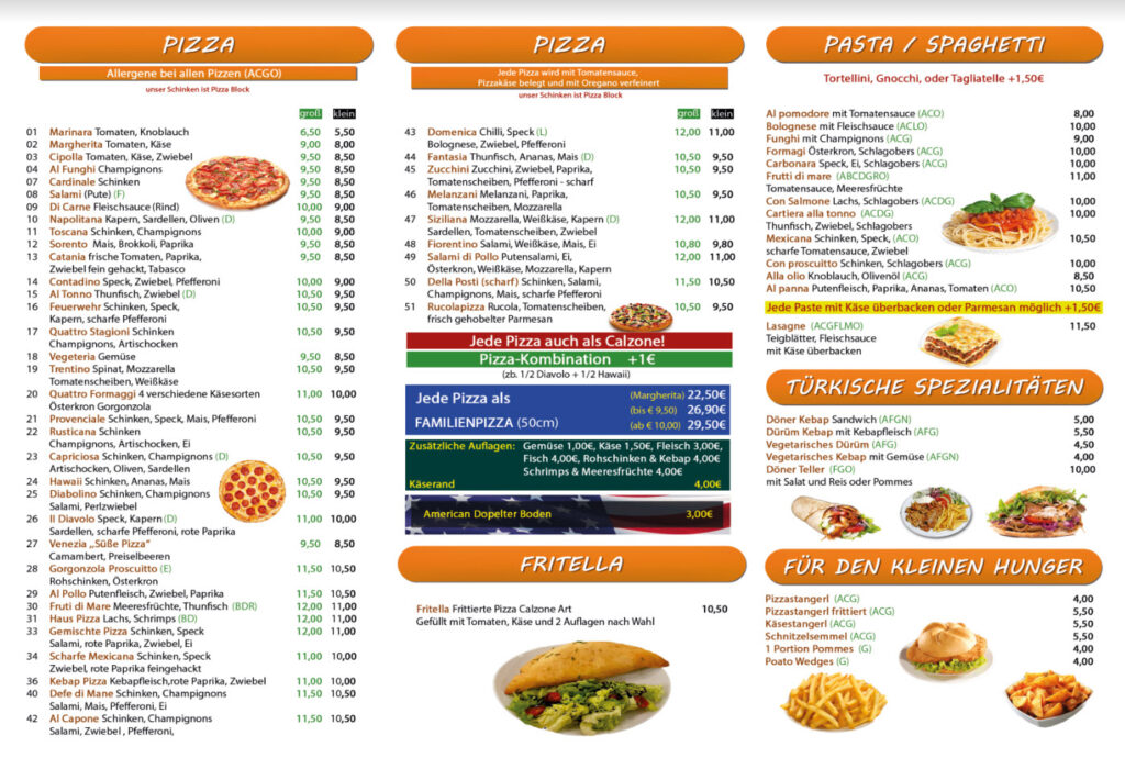 Alte Speisekarte Pizza & Kebap Haus Marchegg Seite 2, Stand 2023